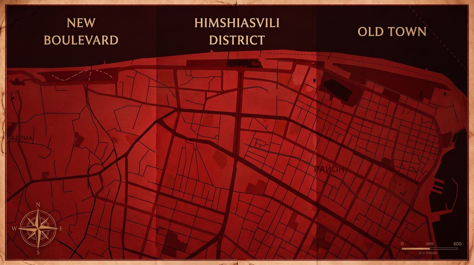 A map of Batumi split into districts: New Boulevard, Khimshiashvili and the Old Town